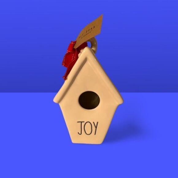 Rae Dunn By Magenta Ceramic JOY Birdhouse Christmas W Mistletoe On Back New. - Picture 1 of 8